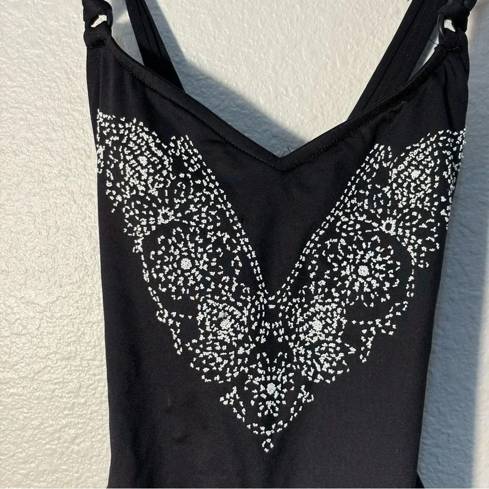 Gloria Vanderbilt Black One-Piece Swimsuit White Raised Butterfly Accent Strappy